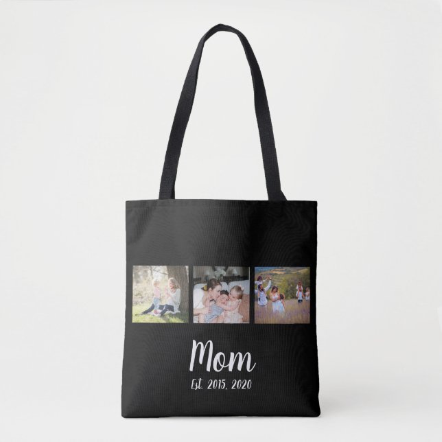 Mom Established Script Black 3 Photo Tote Bag (Frente)