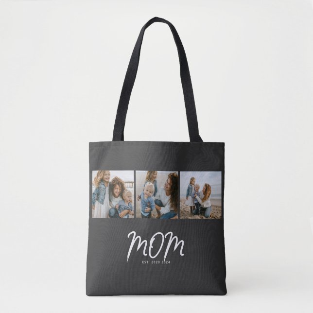 Mom Established Script Black 3 Photo Tote Bag (Frente)