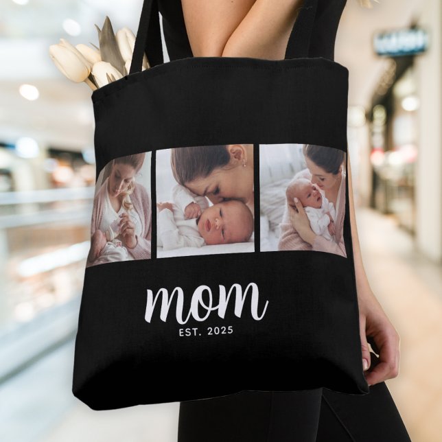 Mom Established Script Black 3 Photo Tote Bag (Criador carregado)