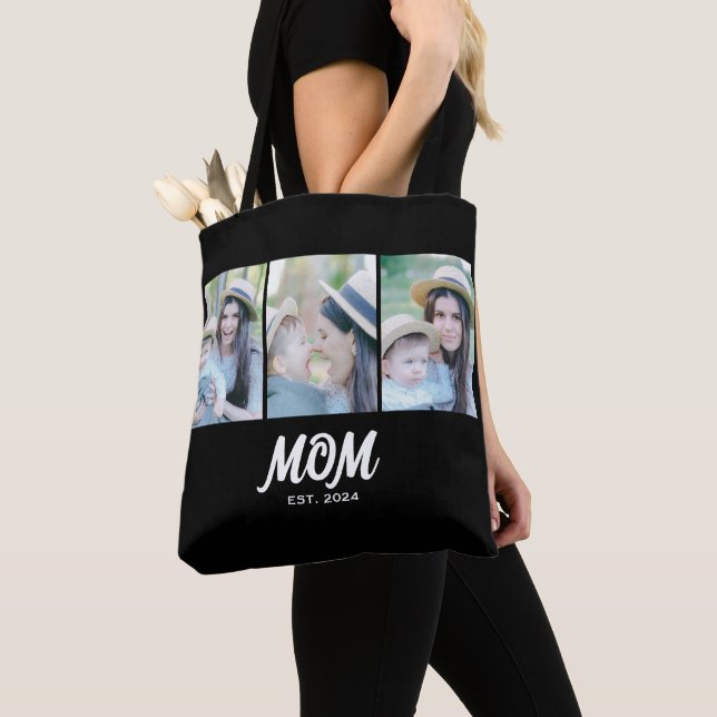 Mom Established Script Black 3 Photo Tote Bag (Close Up)