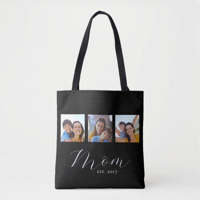 Mom Established Script Black 3 Photo Tote Bag (Frente)