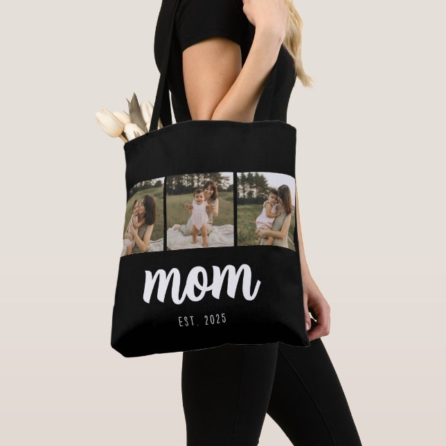 Mom Established Script Black 3 Photos Tote Bag (Close Up)