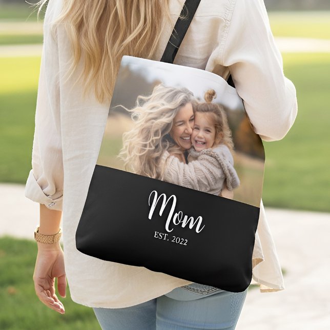 Mom Established Script Black Photo Tote Bag (Mom established elegant script personalized photo black tote bag)