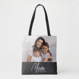 Mom Established Script Black Photo Tote Bag