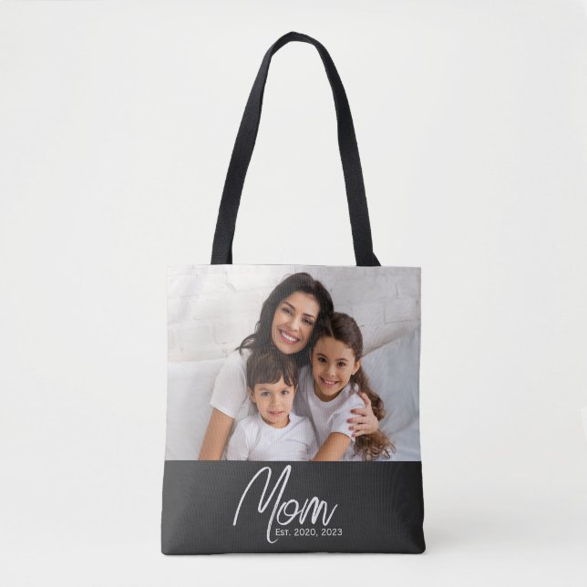 Mom Established Script Black Photo Tote Bag (Frente)