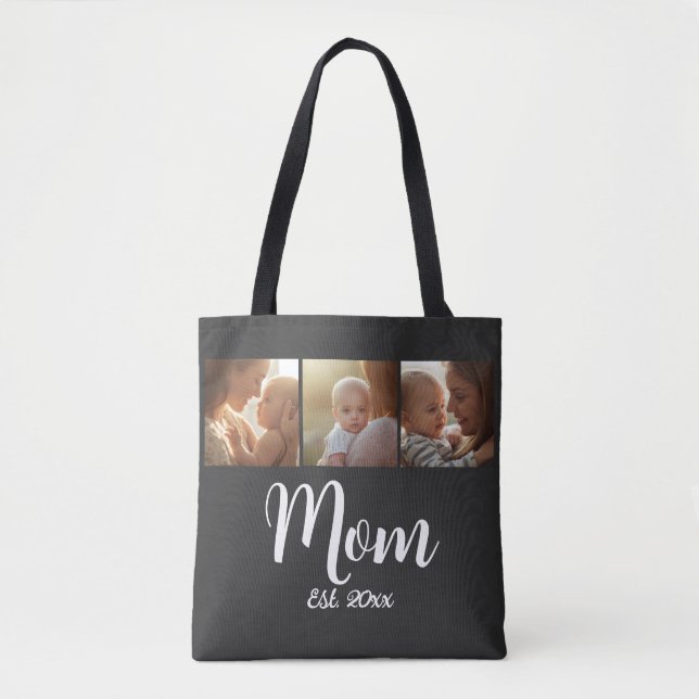 Mom Established year Script Black 3 Photo Tote (Frente)