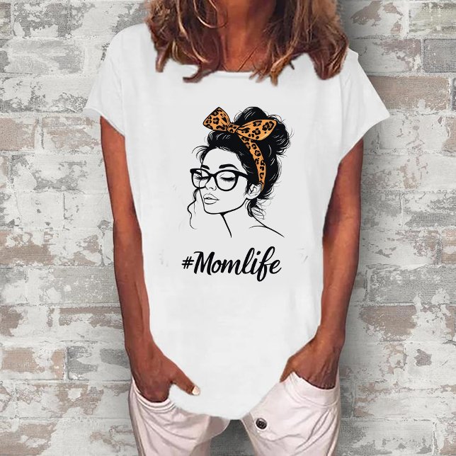 Mom Life Leopard Print T-Shirt | Messy Bun Graphic (Criador carregado)