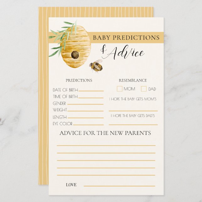 Mommy To Bee Yellow Baby Shower Prediction Game (Frente/Verso)