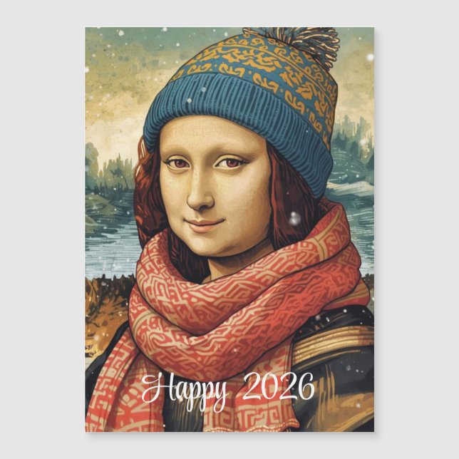 Mona Lisa com gorro - Feliz 2026 cartão magnético (Frente)