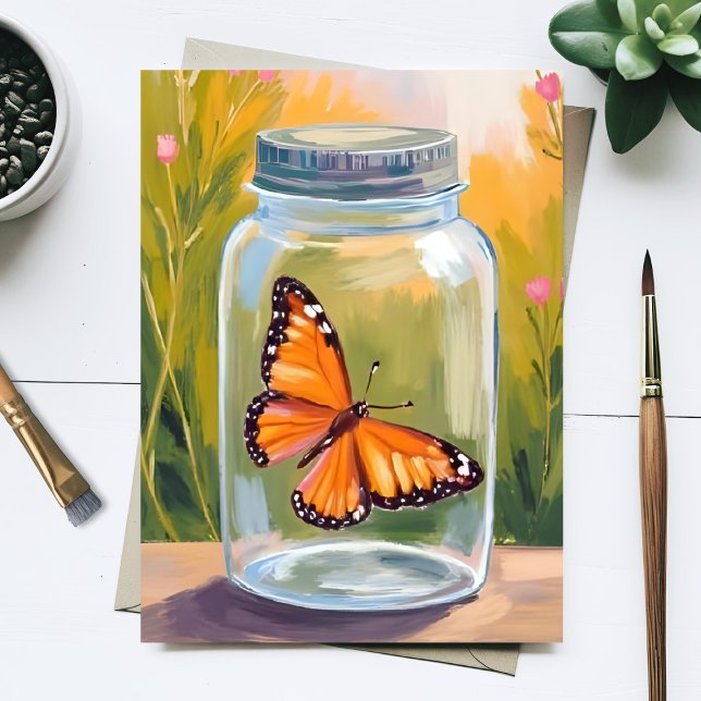 Monarch Butterfly Jar Watercolor Painting Card (Criador carregado)