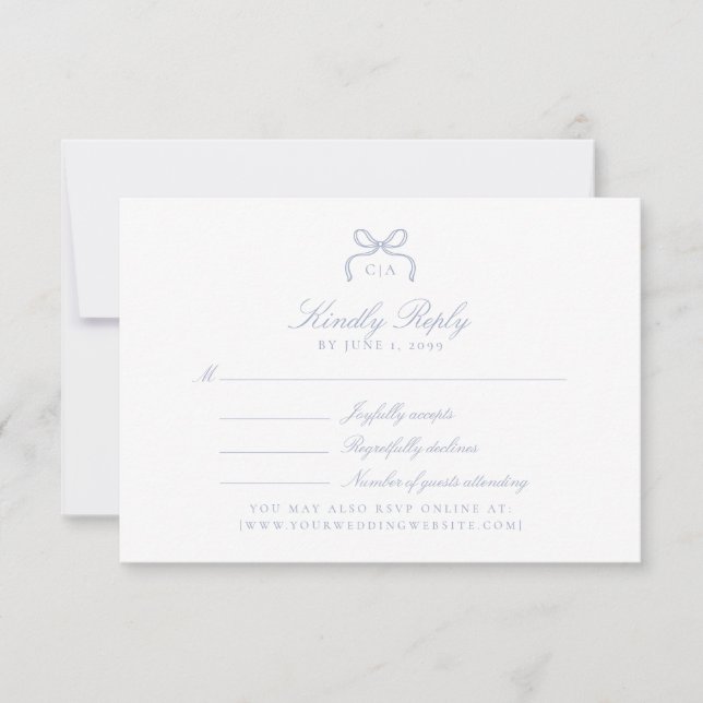 Monogram Blue Bow Wedding RSVP Card (Frente)
