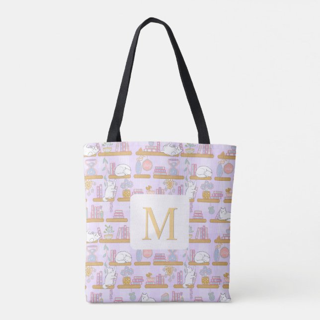 Monogram Cats Library Book Tote Bag Girly Purple (Verso)