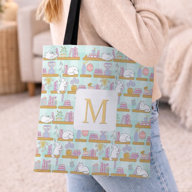 Monogram Cats Library Tote Bag Girly Mint Green (Criador carregado)