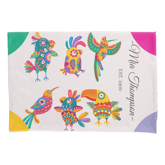 Monogram colorful folk art birds Pink Green yellow (Frente)