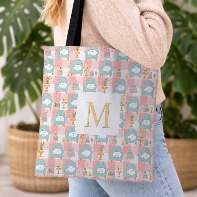 Monogram Cozy Cat & Book Tote Bag Girly Pink (Criador carregado)