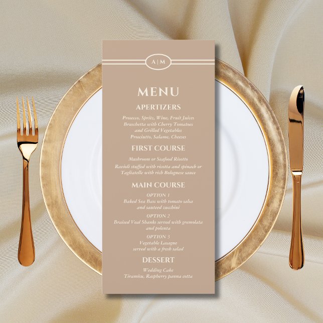 Monogram Cream Taupe Christian Wedding Menu (Criador carregado)