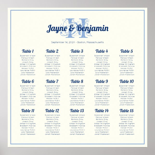 Monogram Initial Ecru Wedding Seating chart poster (Frente)