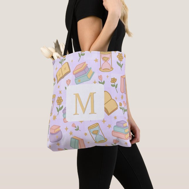Monogram Magic Books Tote Bag Girly Purple (Close Up)