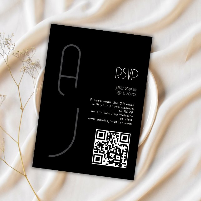 Monogram Minimal Wedding Qr Code Black RSVP  (Criador carregado)