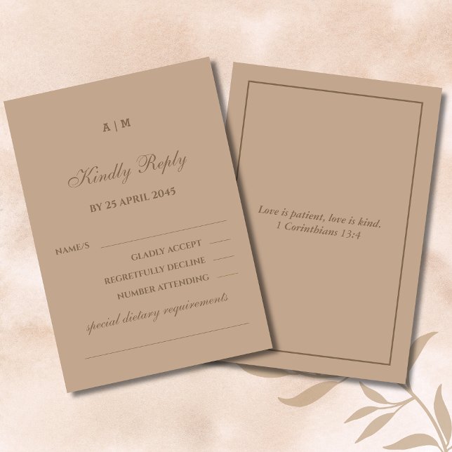 Monogram Modern Taupe Christian Wedding RSVP Card  (Criador carregado)