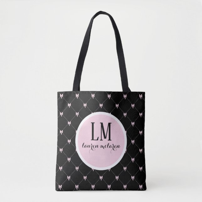 Monogram Script Bow Tote Bag – Black & Pink (Frente)