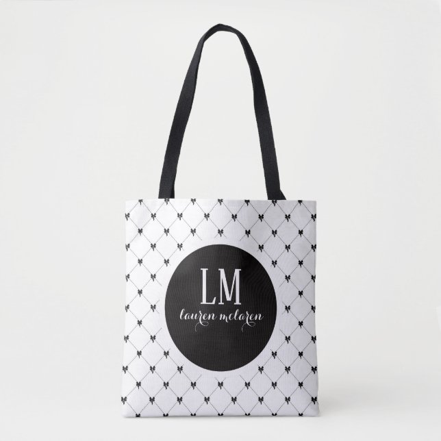 Monogram Script Bow Tote Bag – White & Black (Frente)