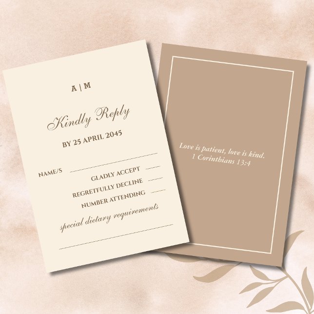 Monogram Taupe Cream Christian Wedding RSVP Card (Criador carregado)