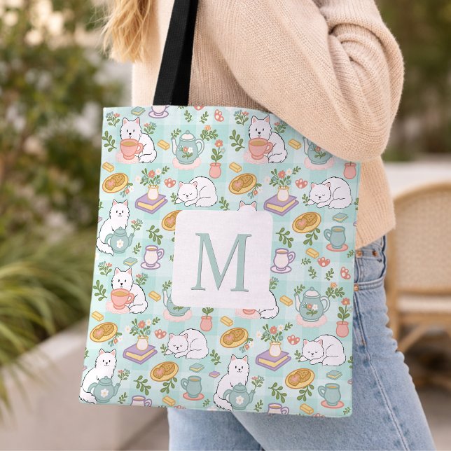 Monogram Tea & Bookish Cats  Tote Bag Mint Green (Criador carregado)
