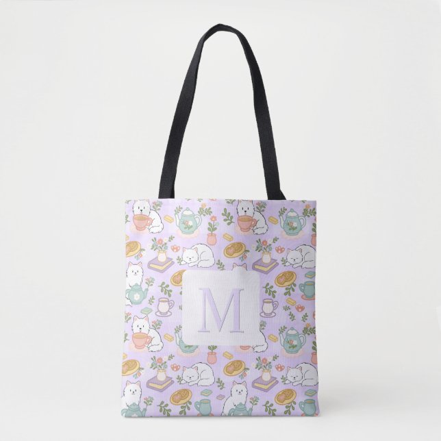 Monogram Tea & Bookish Cats Tote Bag Purple (Frente)