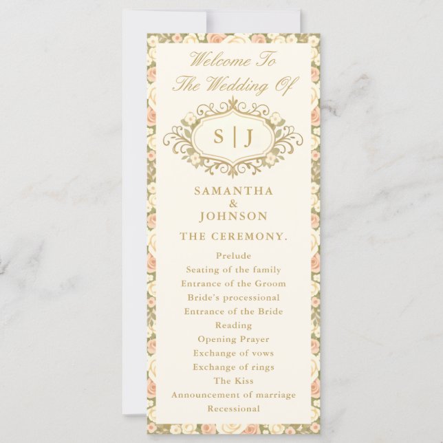 Monogram Vintage Ivory Wedding Ceremony Program (Frente)