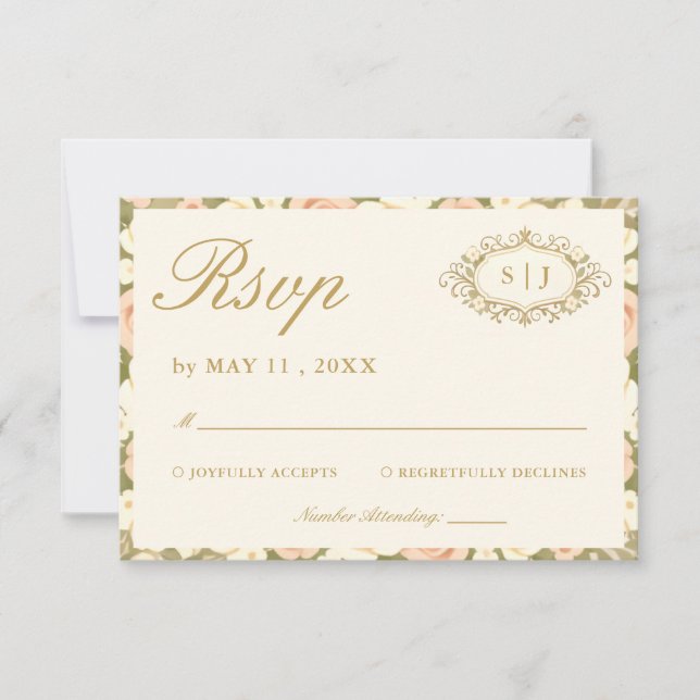 Monogram Vintage Ivory Wedding RSVP Card (Frente)