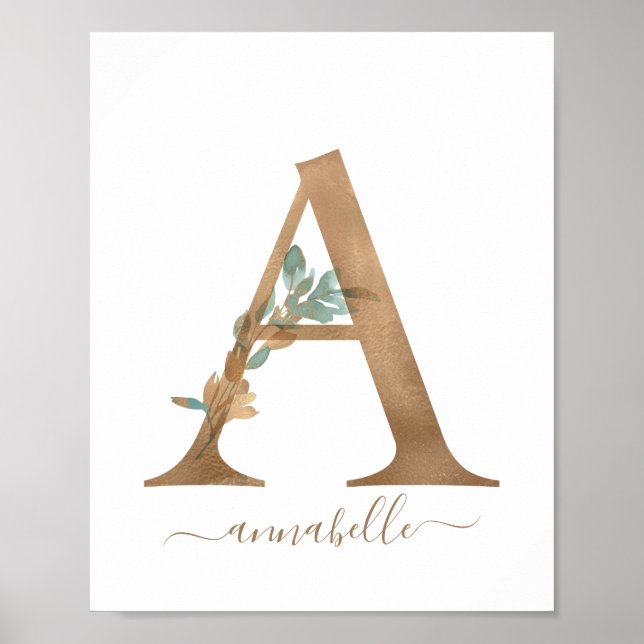 Monogram Watercolor Floral Gold Letter A Poster (Frente)