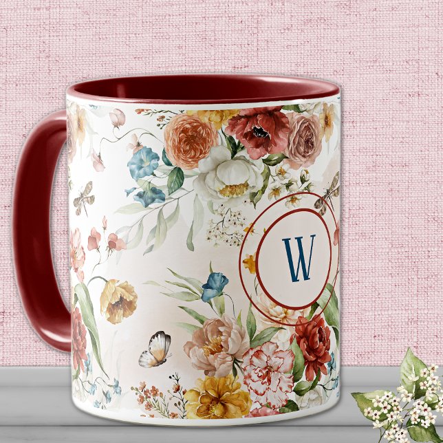 Monograma 1600s Florais de Aquarela 11 oz. Caneca  (Criador carregado)