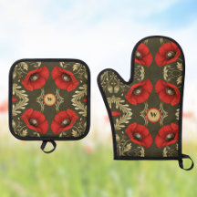 Monograma Art Nouveau Dourado de Papoulas Vermelha