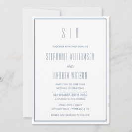 Monograma Azul Desbotado e Moderno Simples Casamen