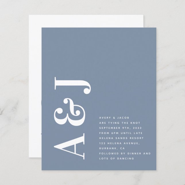 Monograma Azul QR Código Casamento Convite (Frente/Verso)