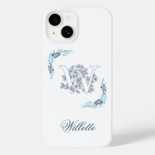 Monograma Azul "W" Inicial Calmo Floral