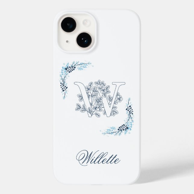 Monograma Azul "W" Inicial Calmo Floral (Verso)