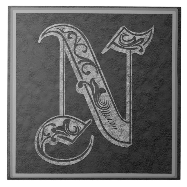 Monograma azulejo "de pedra" cinzento real de N (Frente)