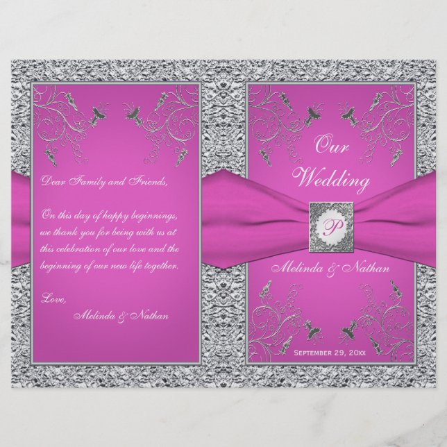 Monograma Berry Pink, Silver Floral Weding Program (Frente)