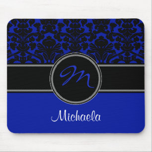 Monograma Blue Black Damask Mousepad