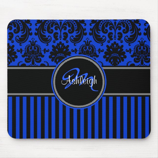 Monograma Blue Black Strike Damask Mousepad (Frente)