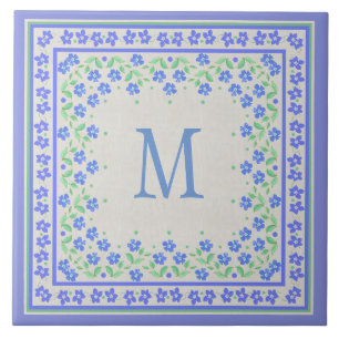 Monograma Blue Periwinkles Borda Floral Faux Linen
