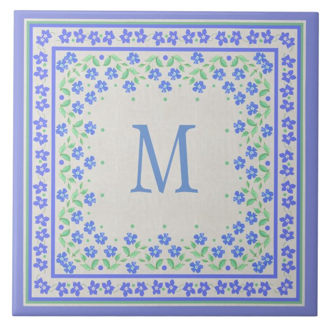 Monograma Blue Periwinkles Borda Floral Faux Linen (Frente)