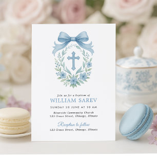 Monograma Blue Wreath Baptism Convite para Meninos