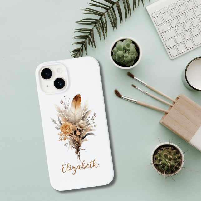 Monograma Boho Floral Castanho Beige Cinza Branca (Browns Grey White Boho Botanical Floral Monogrammed iPhone case)