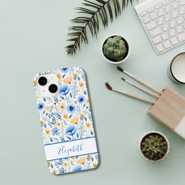 Monograma Boho Flores Selvagens Azul Amarelo Flora (Monogrammed Boho Blue Yellow Wildflowers iPhone case)