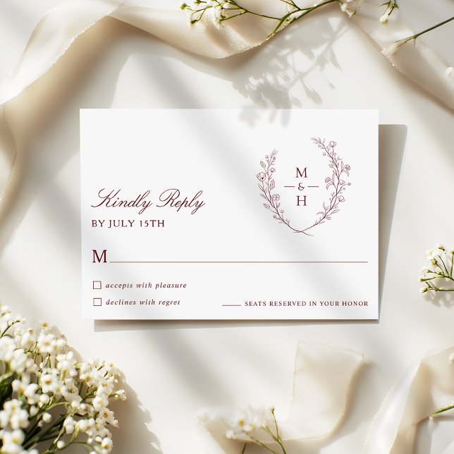 Monograma Botânico Casamento Burgundy Script RSVP (Criador carregado)