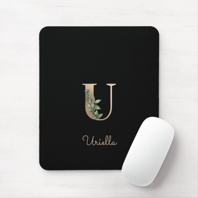 Monograma Botânico Elegante - Letra U Mouse Pad (Com mouse)