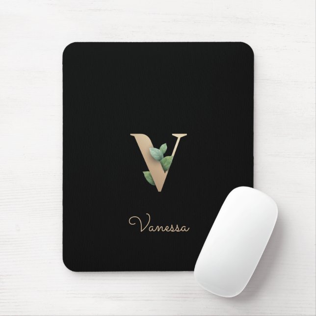 Monograma Botânico Elegante - Letra V Mouse Pad (Com mouse)